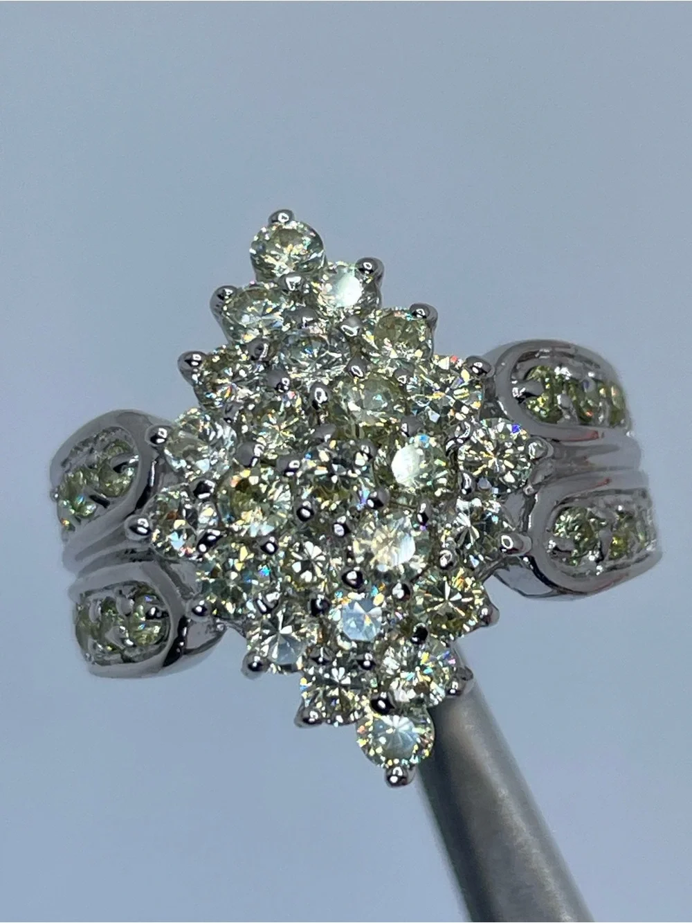 Swarovski Crystal Elements Pale Yellow Art Deco Vintage Look Silver Ring Sz 7